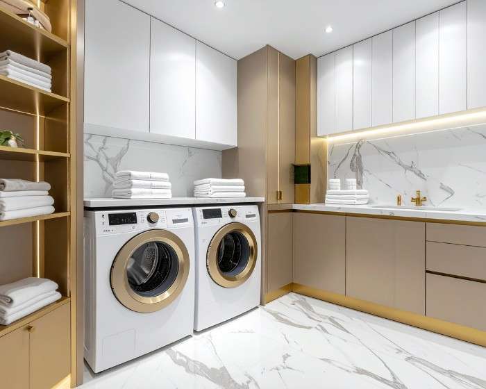western sydney laundry renovation service Laundry with a front-loading washer and dryer, built-in shelves and marble-look benchtop